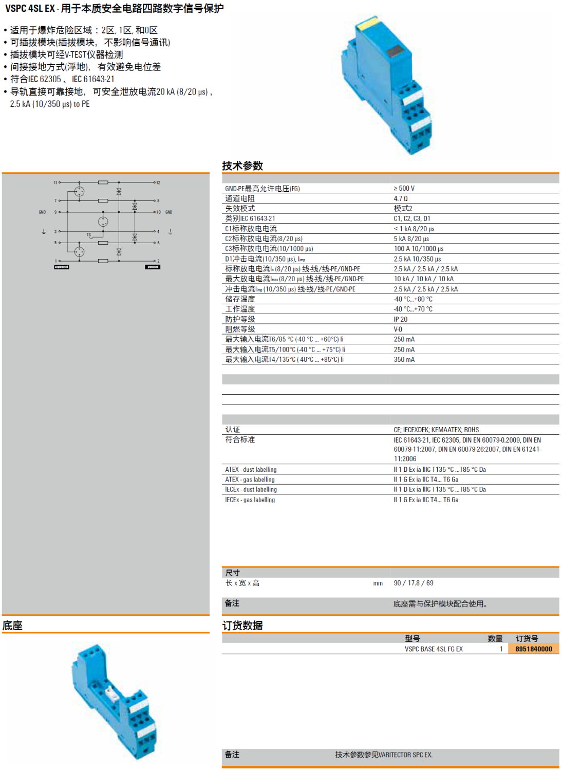 VSPC BASE 4SL FG EX 魏德米勒本質安全電路數字信號電涌保護器底座解析